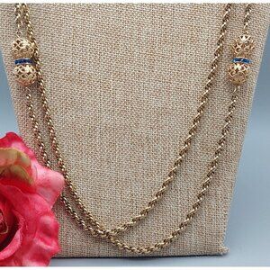 Long Gold Tone Pull Over Thick Twisted Chain Necklace Filigree Ball Blue Crystal